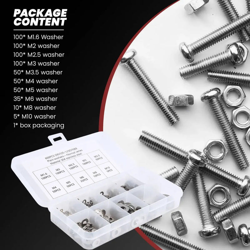 Kit Golilla Arandela Plana 600pcs 10 Tipos M1.6 M3 M4 M6 M10