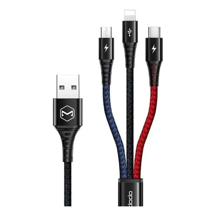Cable Cargador Usb 3 En 1 Tipo-c Micro Usb Y Para Lightning Color Negro