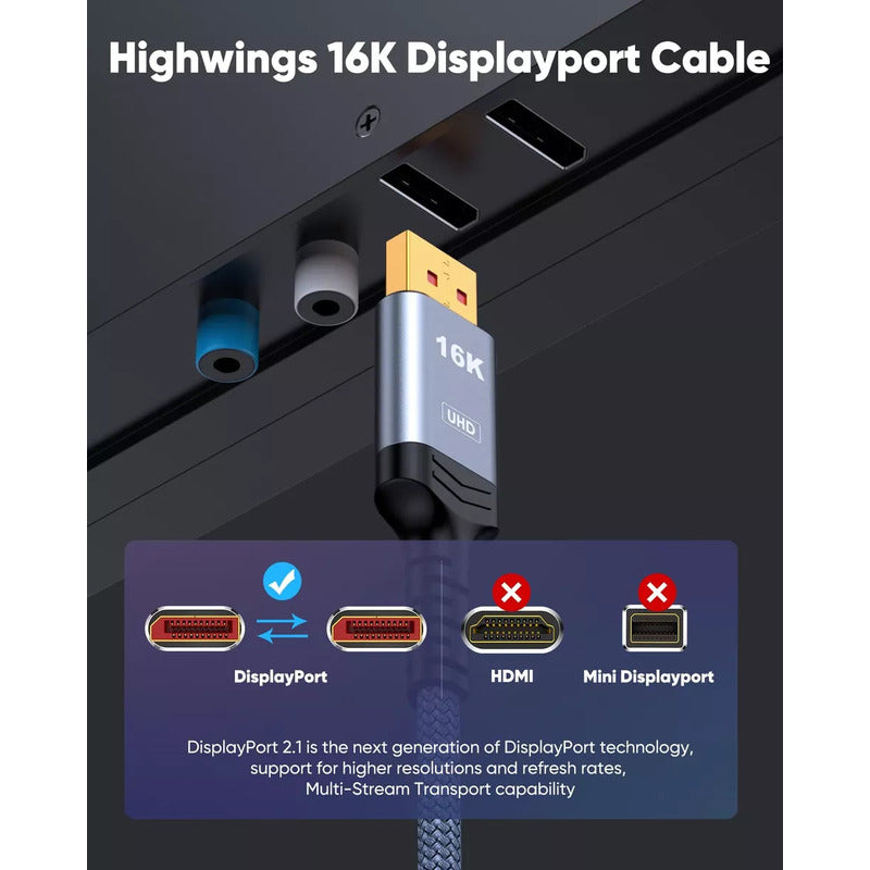 Cable Displayport 2.1 16k 60hz 8k 80gbps 4k 240hz 2mt Uhbr20