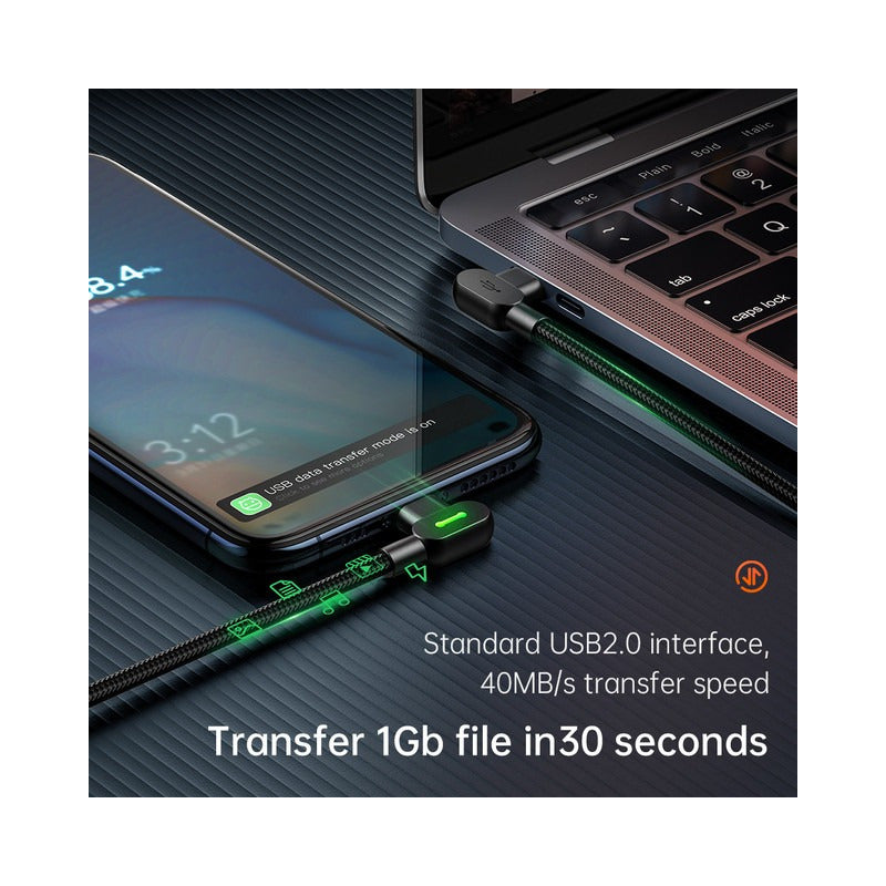 Cable Usb 60w Tipo-c A Usb-c Carga Rápida 2mt 90° -2 Led -3a Negro