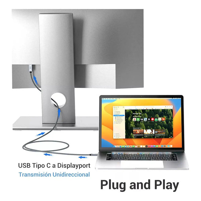 Cable Usb C A Displayport 1.4 8k 60hz 4k 144hz 2 Metros Alta Velocidad Resolución Gris