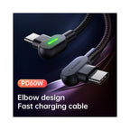 Cable Usb 60w Tipo-c A Usb-c Carga Rápida 2mt 90° -2 Led -3a Negro