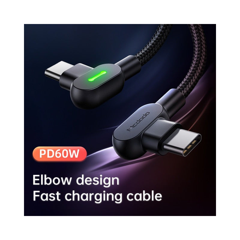 Cable Usb 60w Tipo-c A Usb-c Carga Rápida 2mt 90° -2 Led -3a Negro