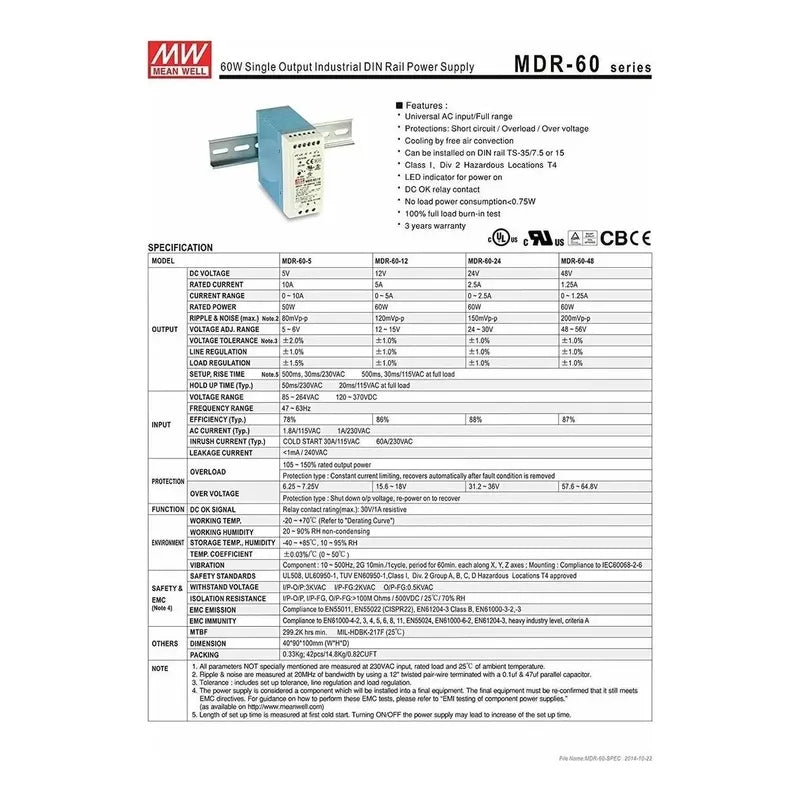 Fuente Poder Riel Din Plástica 24v 60w Mdr-60-24 Mean Well