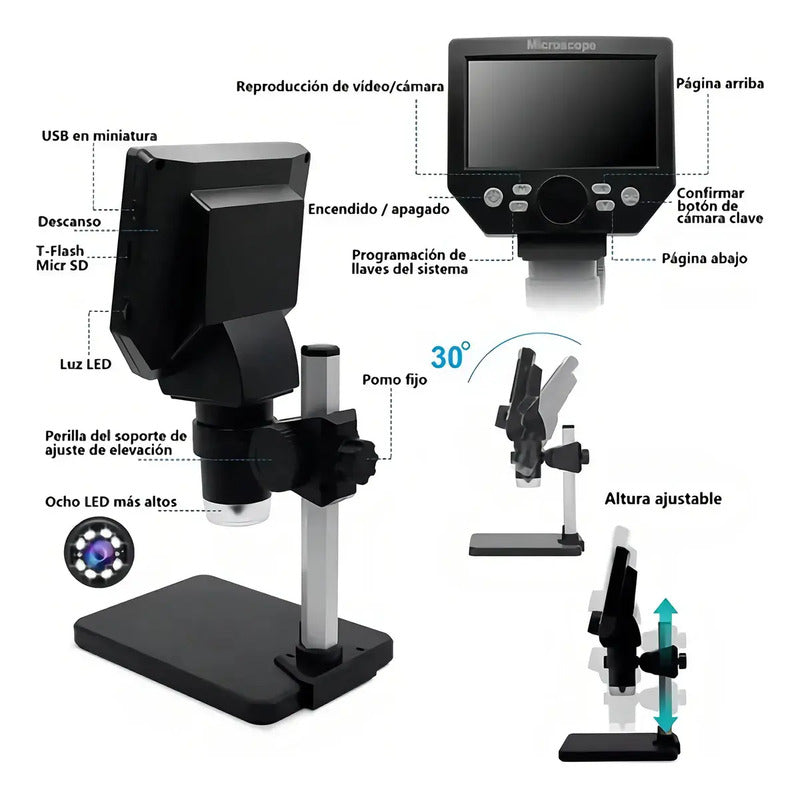 Microscopio Electronico Digital Pantalla 4.3 Pulgadas 1000x Usb Hd 10.mp Negro