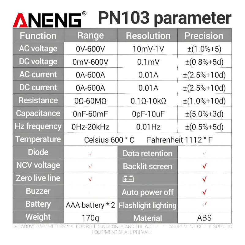 Pinza Amperimétrica Digital Aneng Pn103 Ac Dc 600a 600v Pantalla Lcd