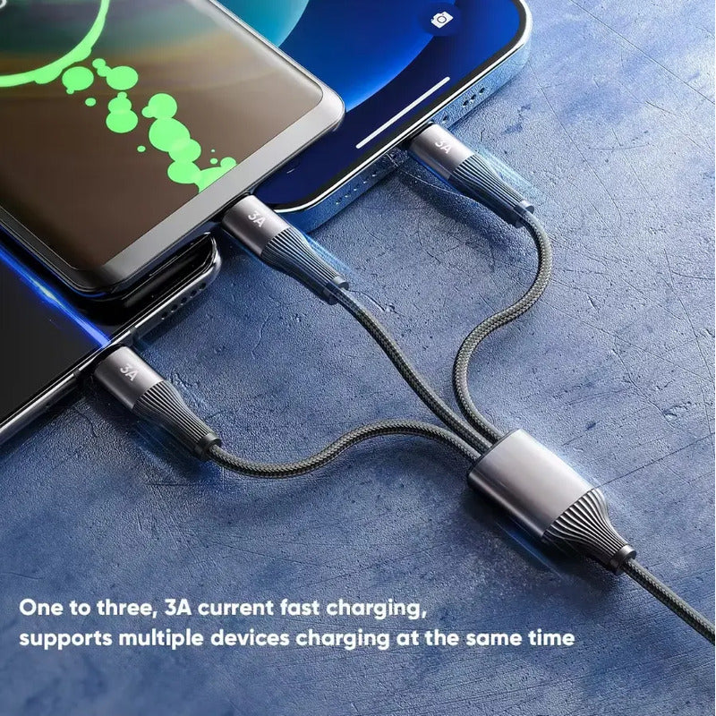 Cable Carga Y Datos Usb 3 En 1 Para Lightning Y 2 Usb Tipo C Gris Oscuro
